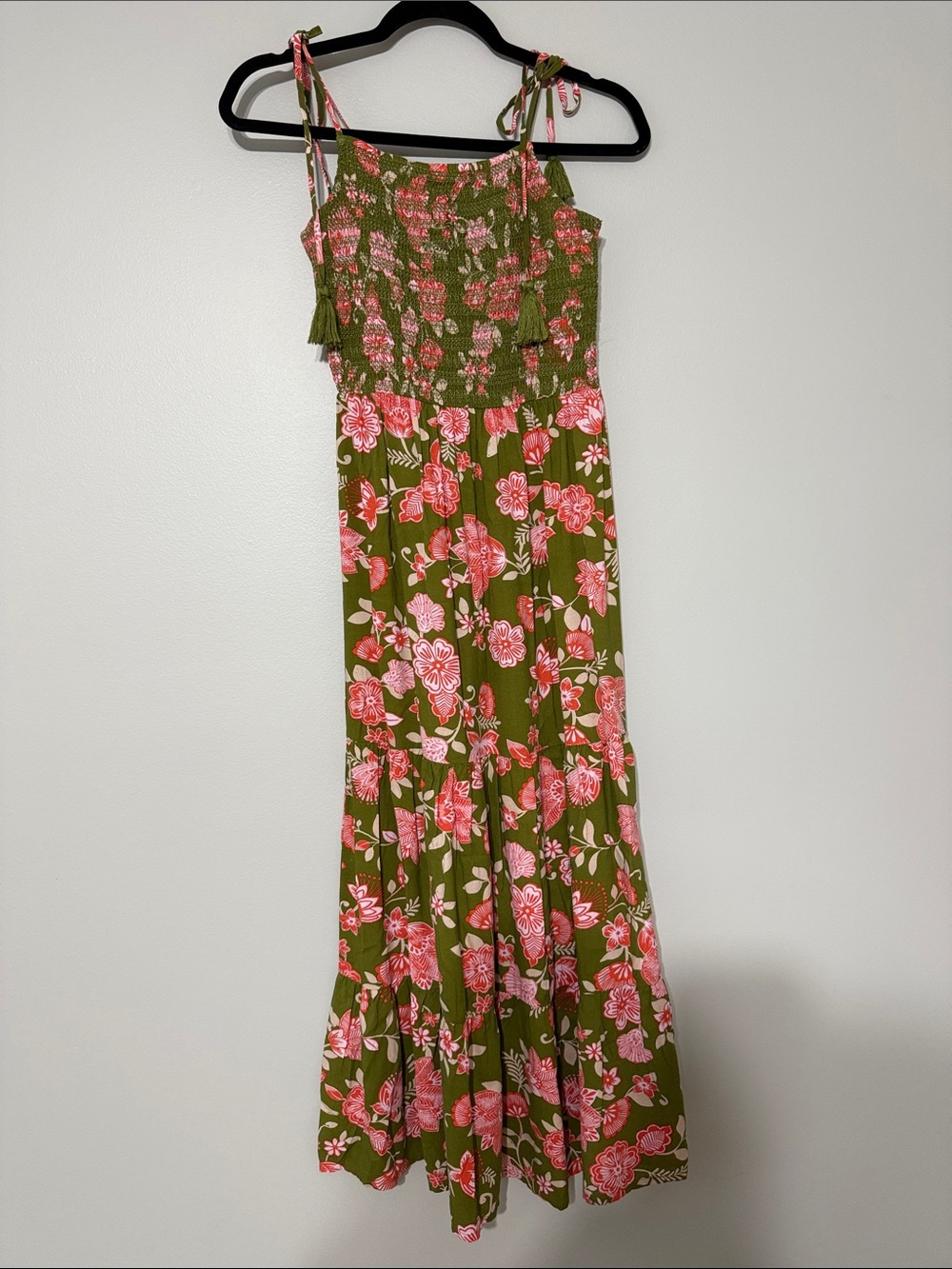 Floral Tie-Shoulder Maxi Dress in Olive and Pink